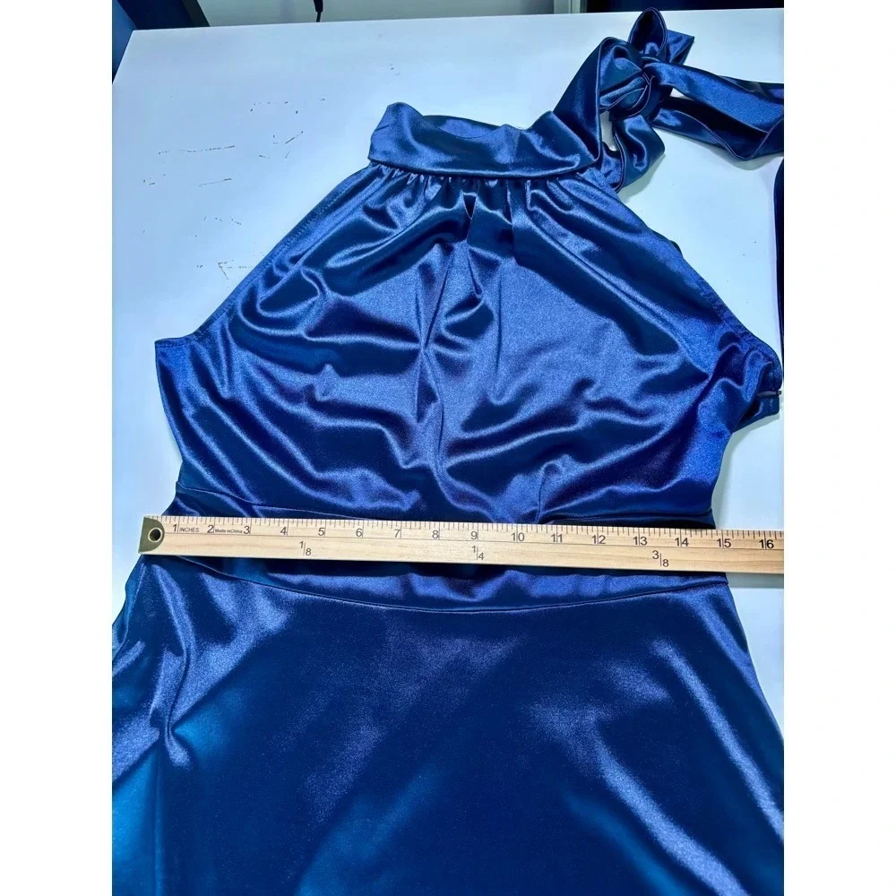 NWT Haisora Blue Satin Halter Neck Maxi Dress‎ Bow Tie Detail Sz XL Prom Formal